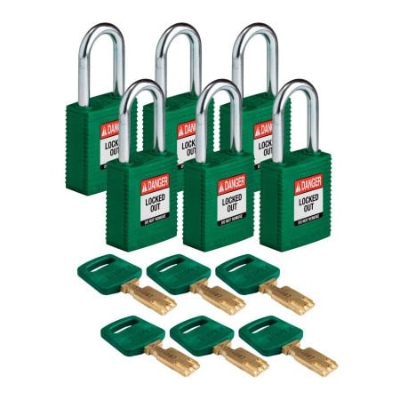 Brady Brady NYL-GRN-38ST-KA6PK Brady SafeKey Lockout Padlock Nylon 1.5" Steel Shackle Keyed Alike NYL-GRN-38ST-KA6PK